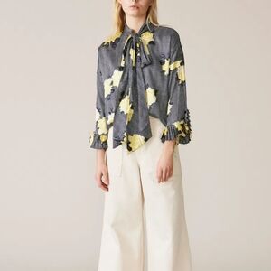 Ganni Calla Graphic Black White Yellow Floral Silk Tie Blouse